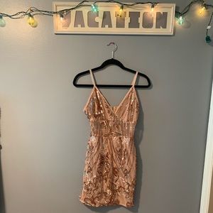 Gold sequin & mesh detailed mini NYE dress